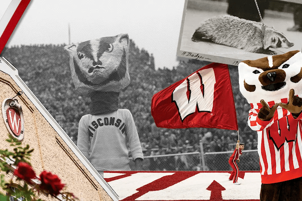 A photo collage with Bucky Badger, the Field House crest, and a Motion W flag