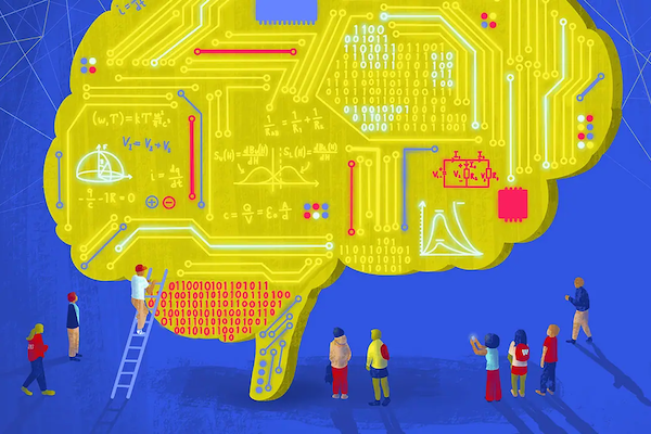 Illustration of a brain with computer mechanics.