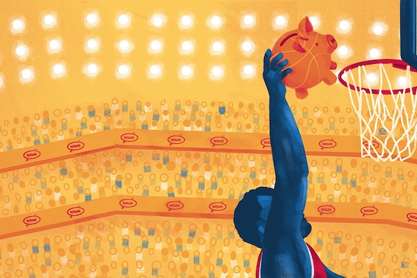 Illustration of a player dunking a piggy bank.